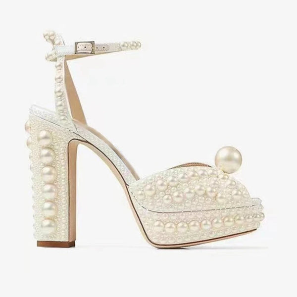 Elegant Handmade Beaded Fish Mouth Sandals with Thick Square Heels, Luxury Waterproof Platform for Wedding and Fashion Events, Featuring Butterfly-knot Design and Comfortable Fit